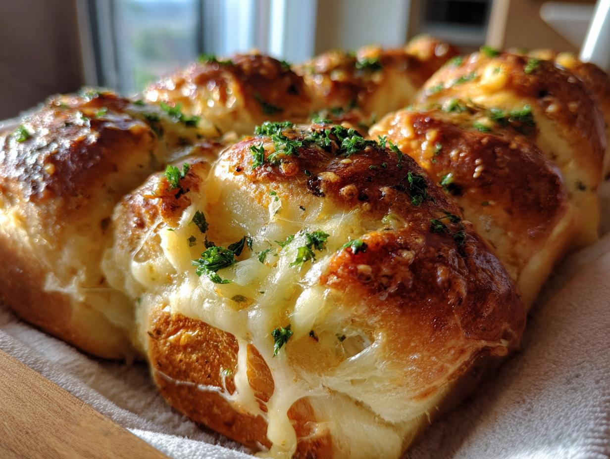 Close-up of golden brown cheesy garlic rolls, topped with melted cheese and fresh parsley.