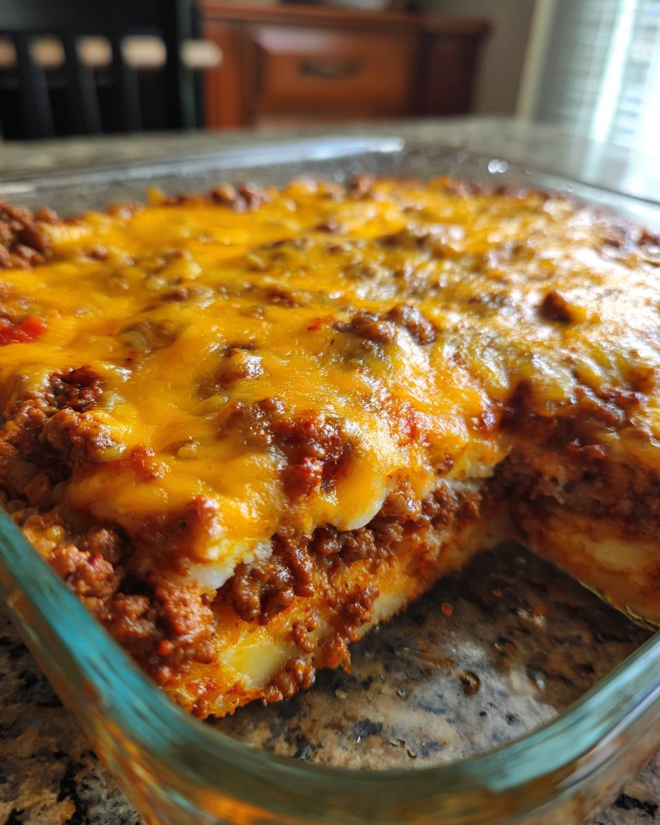 A close-up of a cheesy ground beef and potato casserole in a glass baking dish, showing layers of ground beef and melted cheese.