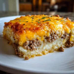 A hearty slice of Cheesy Ground Beef Potato Casserole, featuring layers of mashed potatoes and seasoned ground beef topped with melted cheddar cheese and parsley.
