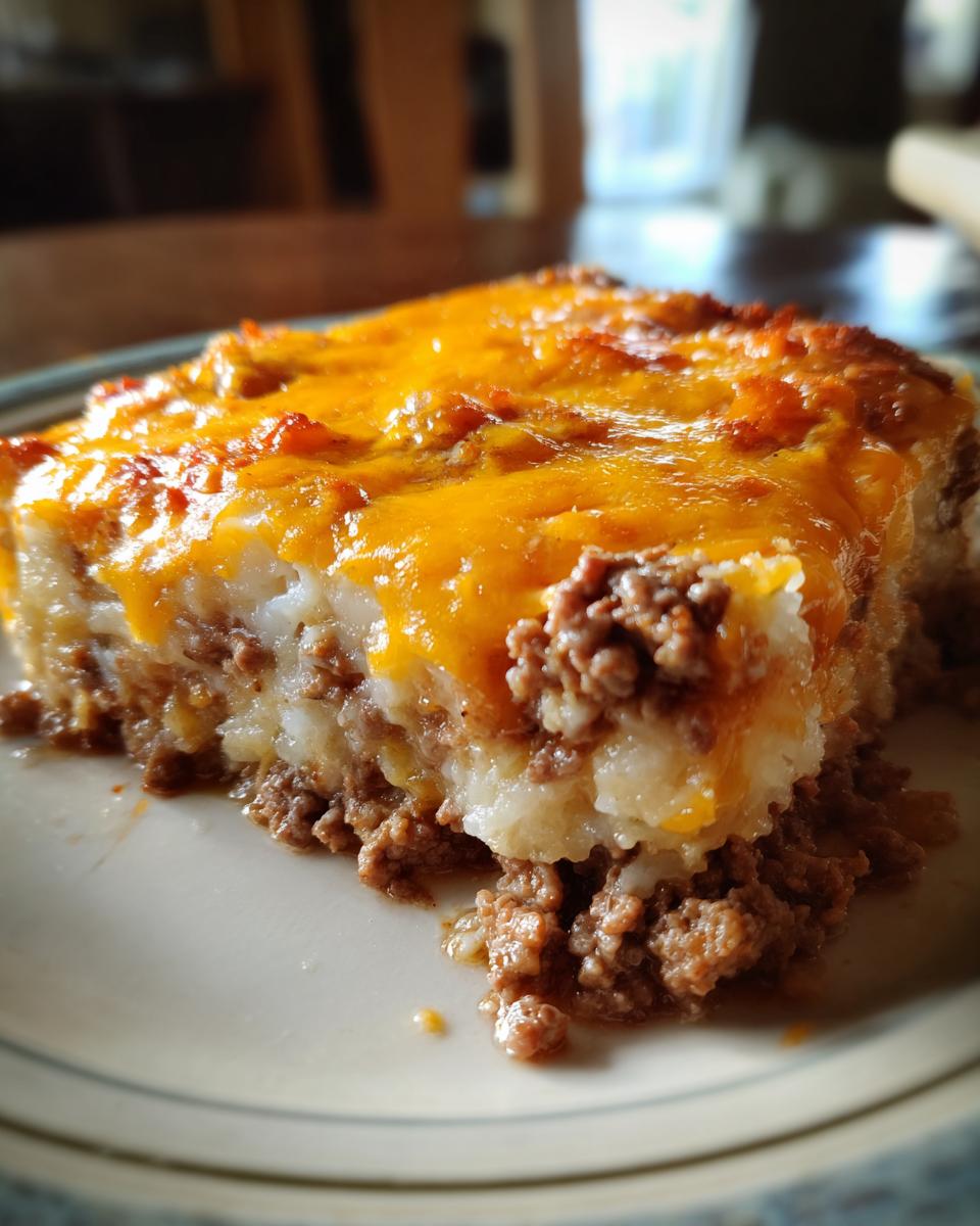 A slice of cheesy ground beef and potato casserole on a plate, showing layers of seasoned ground beef and mashed potatoes topped with melted cheddar cheese.