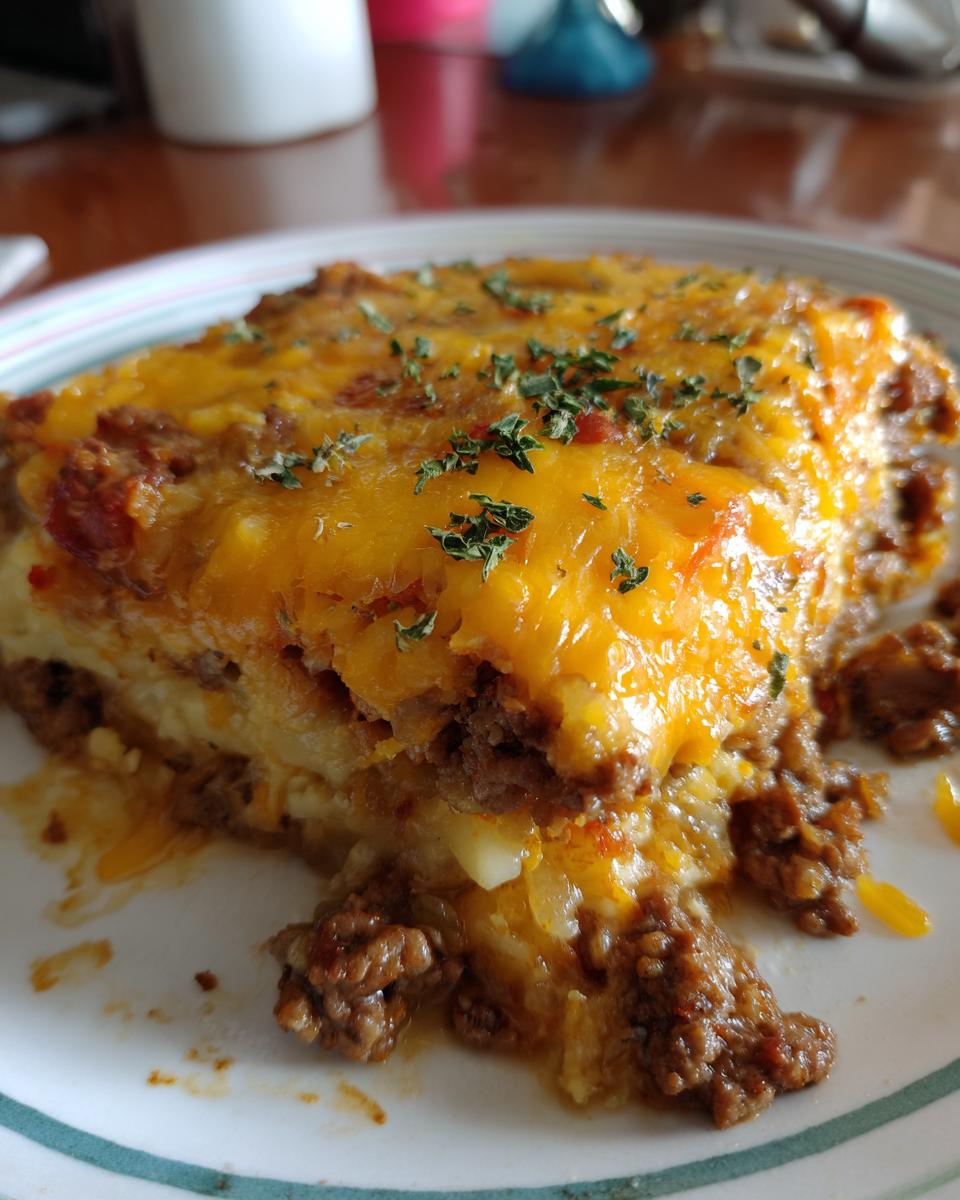 A slice of cheesy ground beef and potato casserole, topped with melted cheddar cheese and herbs.