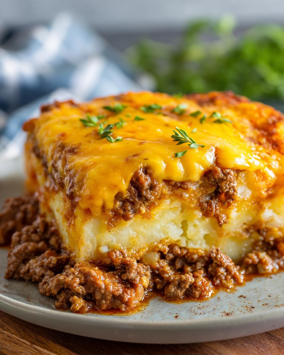 A hearty slice of cheesy ground beef and potato casserole, topped with melted cheddar and garnished with parsley.