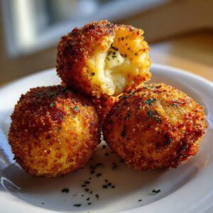 Close-up of three golden-brown, crispy rice balls, one broken open revealing a melted, cheesy interior.