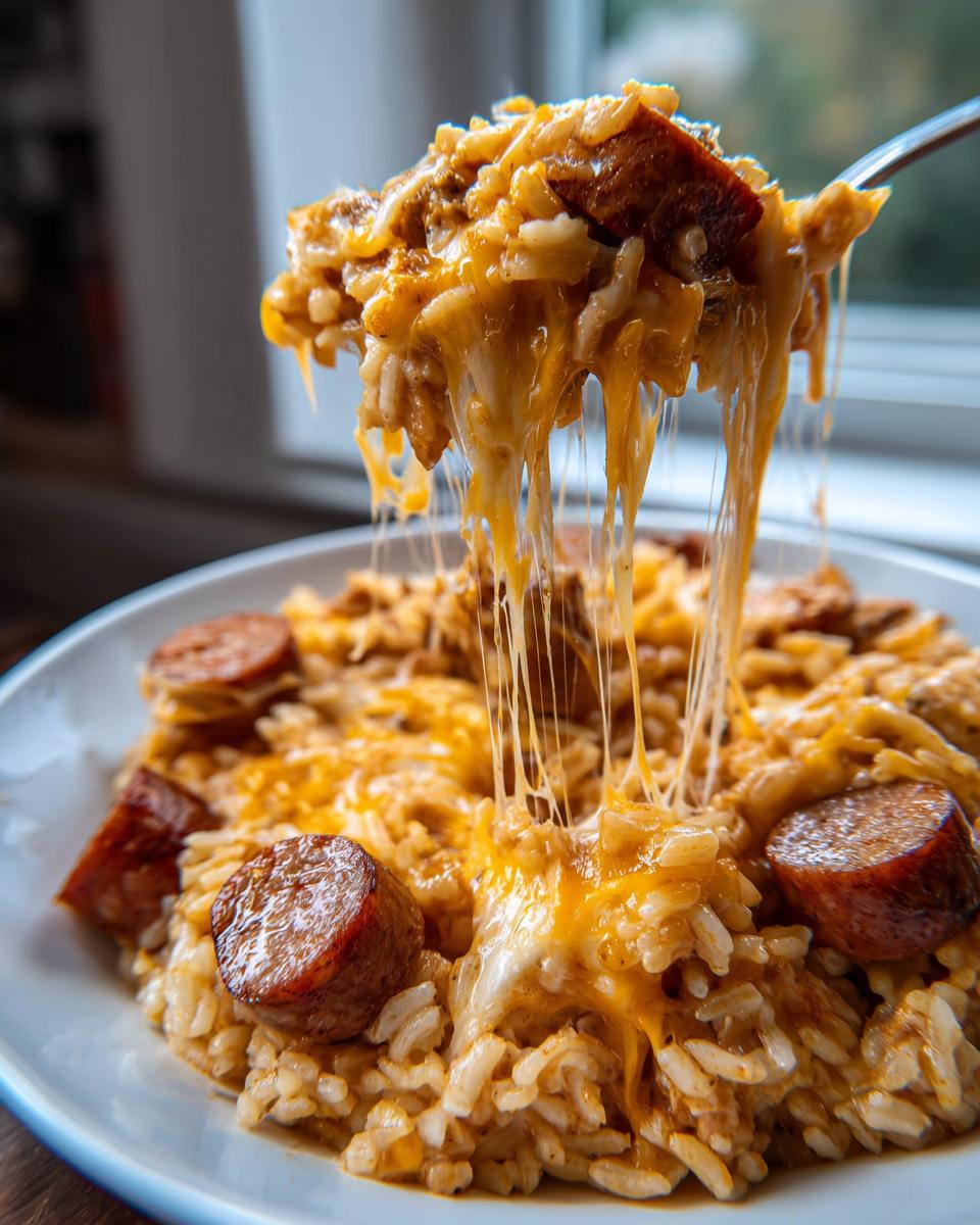 A spoonful of cheesy sausage and rice lifted from a bowl, showing long, stretchy strands of melted cheese.