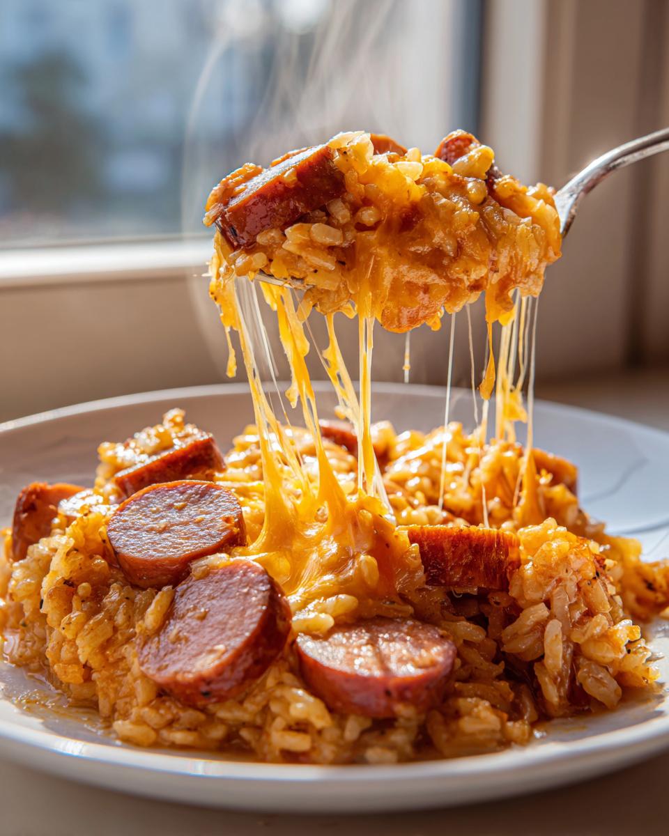 A spoonful of hot, cheesy sausage and rice is lifted from a plate, showing long, stretching strands of melted cheese.