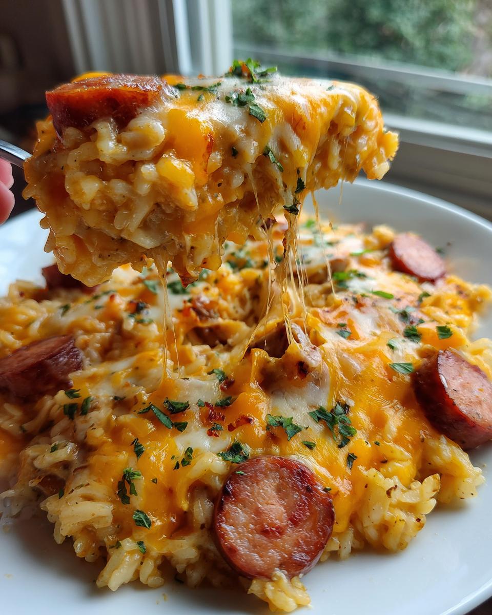 A spoonful of cheesy sausage and rice lifts from the bowl, showing a dramatic cheese pull.