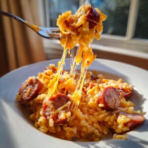 A fork lifts a bite of cheesy sausage and rice, showing long, stretchy cheese pulls.