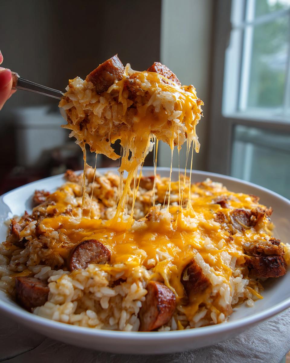 A spoonful of cheesy sausage and rice is lifted from a bowl, showing long, dramatic cheese pulls.