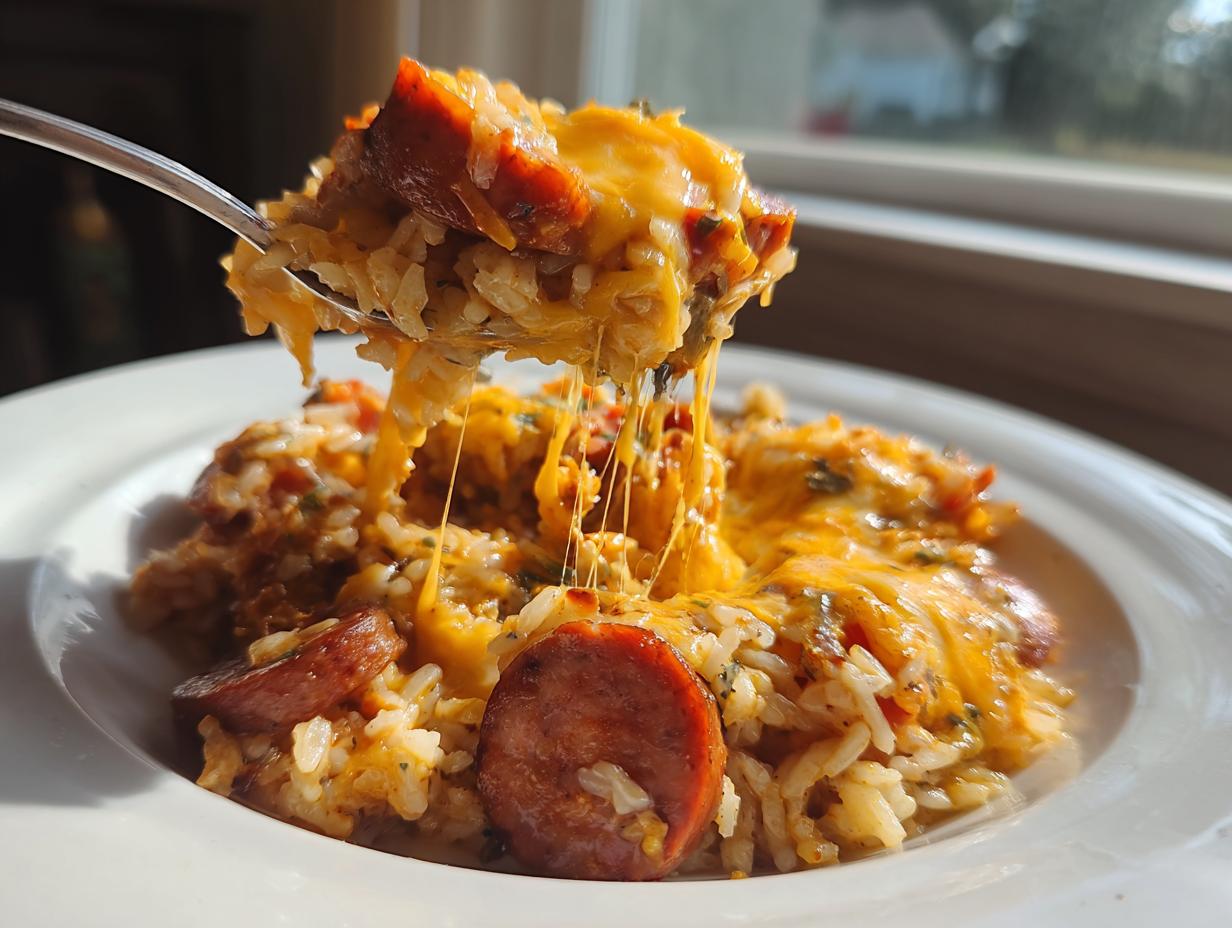 A fork lifting a cheesy portion of one-pot sausage and rice, showing long cheese pulls over the main dish.