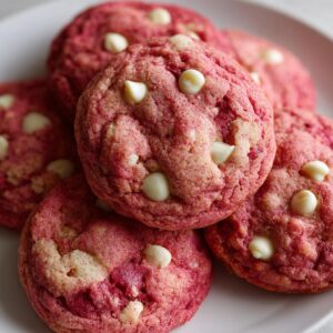 A close-up of several pink cherry chip cookies with white chocolate chips on a white plate.