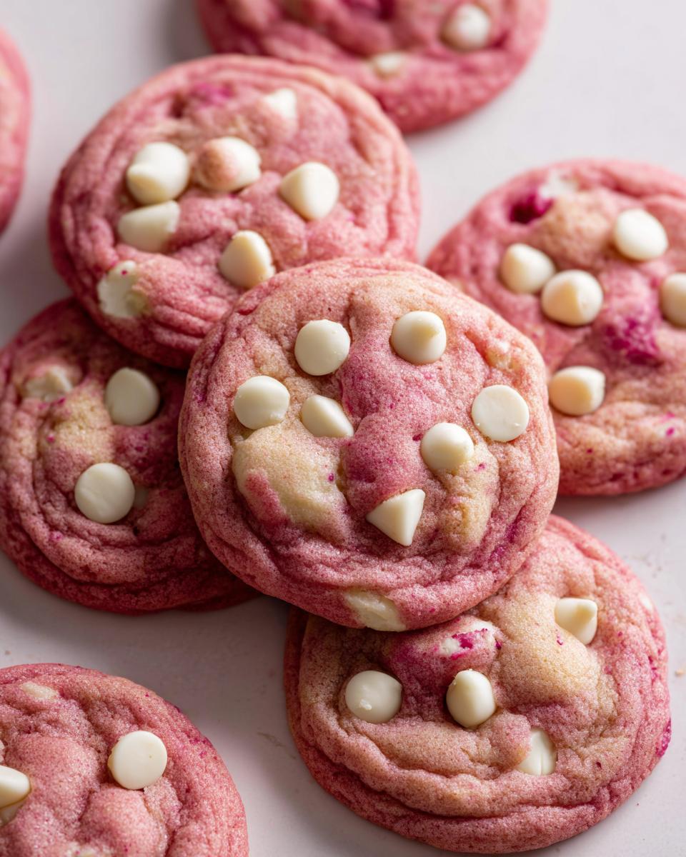 A close-up of several pink cherry chip cookies studded with white chocolate chips.