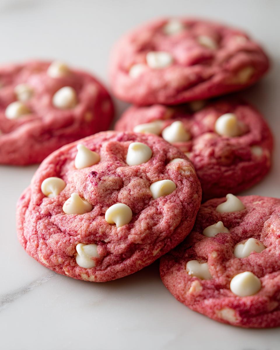 A close-up of several pink cherry chip cookies studded with white chocolate chips on a marble surface.