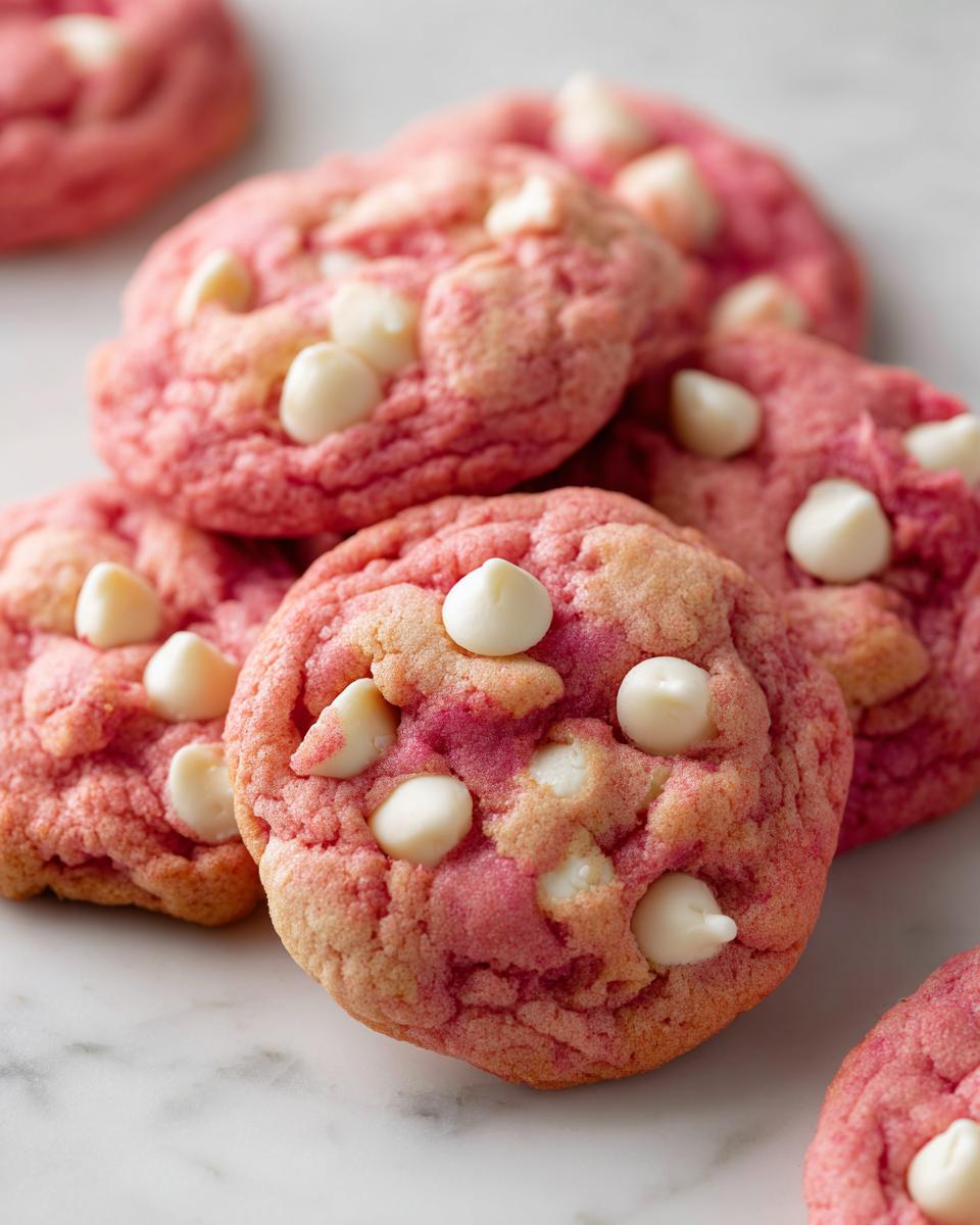 A close-up of several pink cherry chip cookies studded with white chocolate chips on a marble surface.