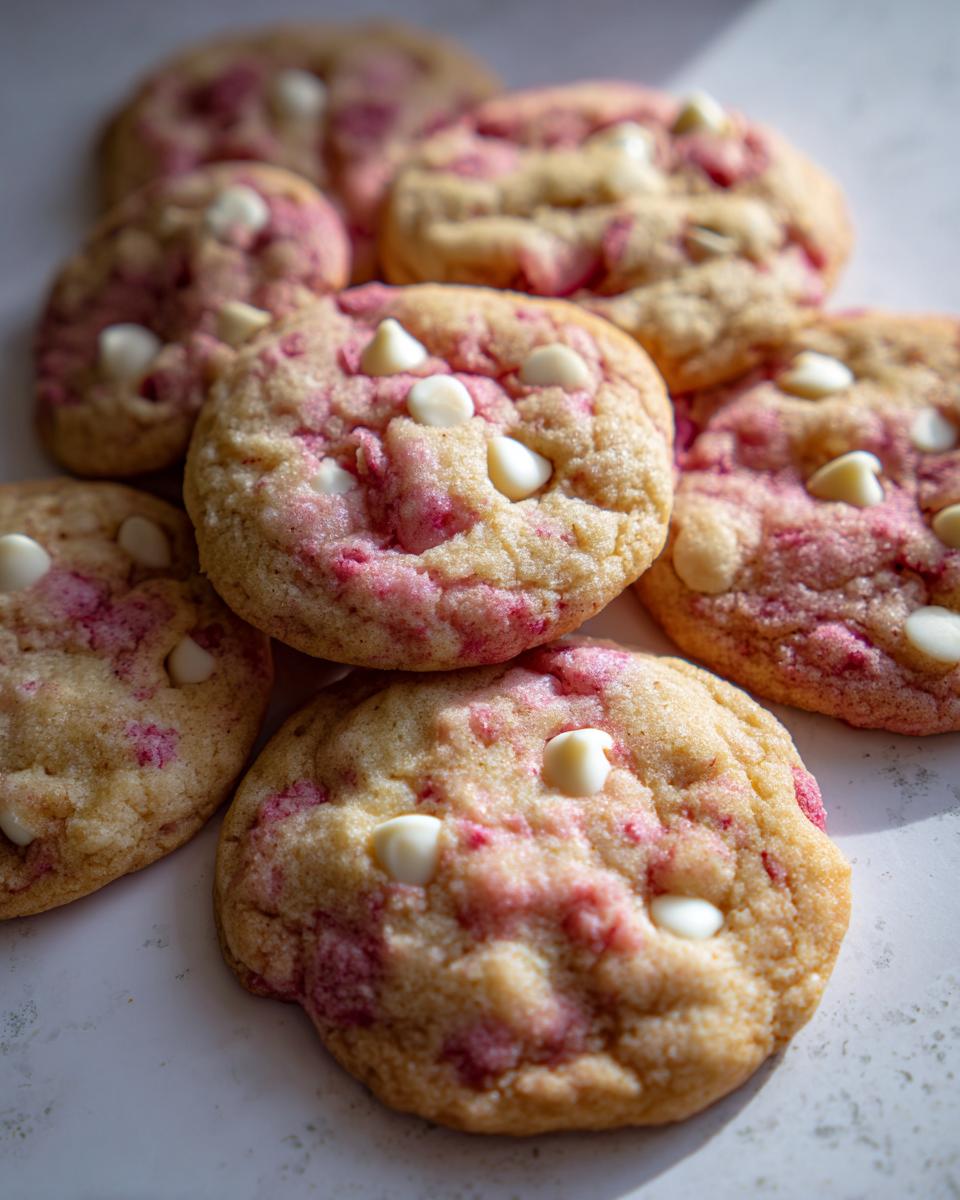 A close-up of several delicious cherry chip cookies, studded with white chocolate chips and pink cherry pieces.