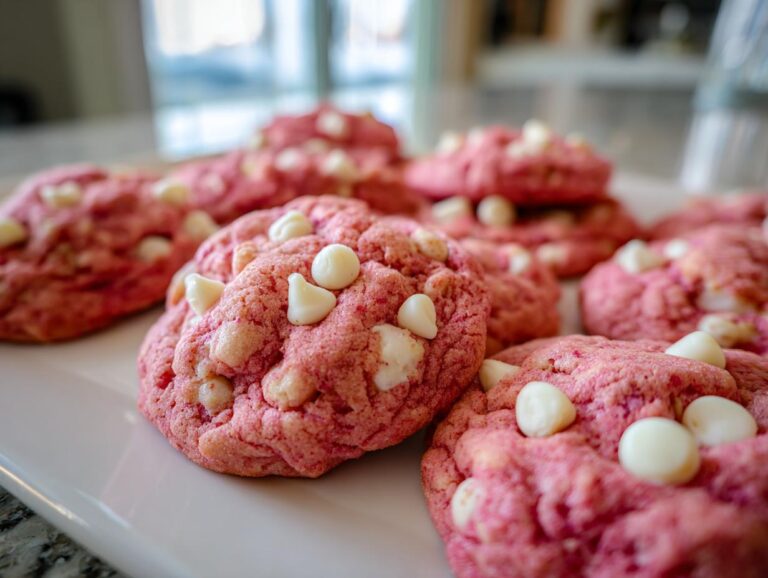 A close-up of several pink cherry chip cookies studded with white chocolate chips on a white plate.
