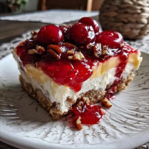A decadent slice of Cherry Pecan Cheesecake Lush, featuring layers of creamy cheesecake, cherry topping, and pecans on a graham cracker crust.