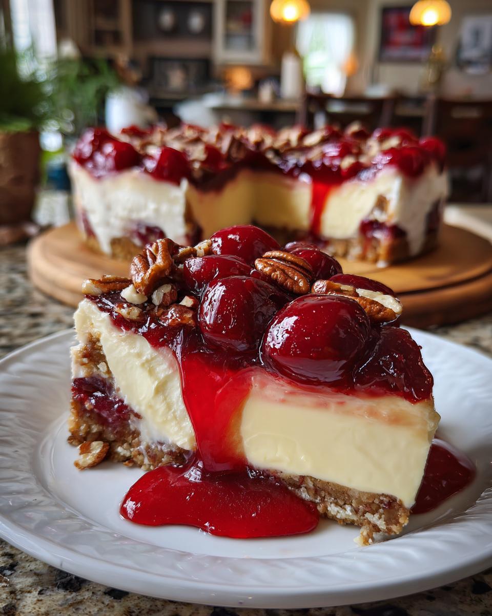 A slice of Cherry Pecan Cheesecake Lush on a white plate, topped with cherries, pecans, and cherry sauce.
