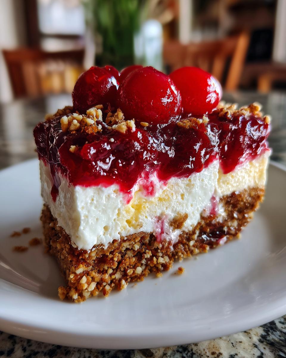A slice of Cherry Pecan Cheesecake Lush topped with cherries, pecan crumble, and cherry glaze.