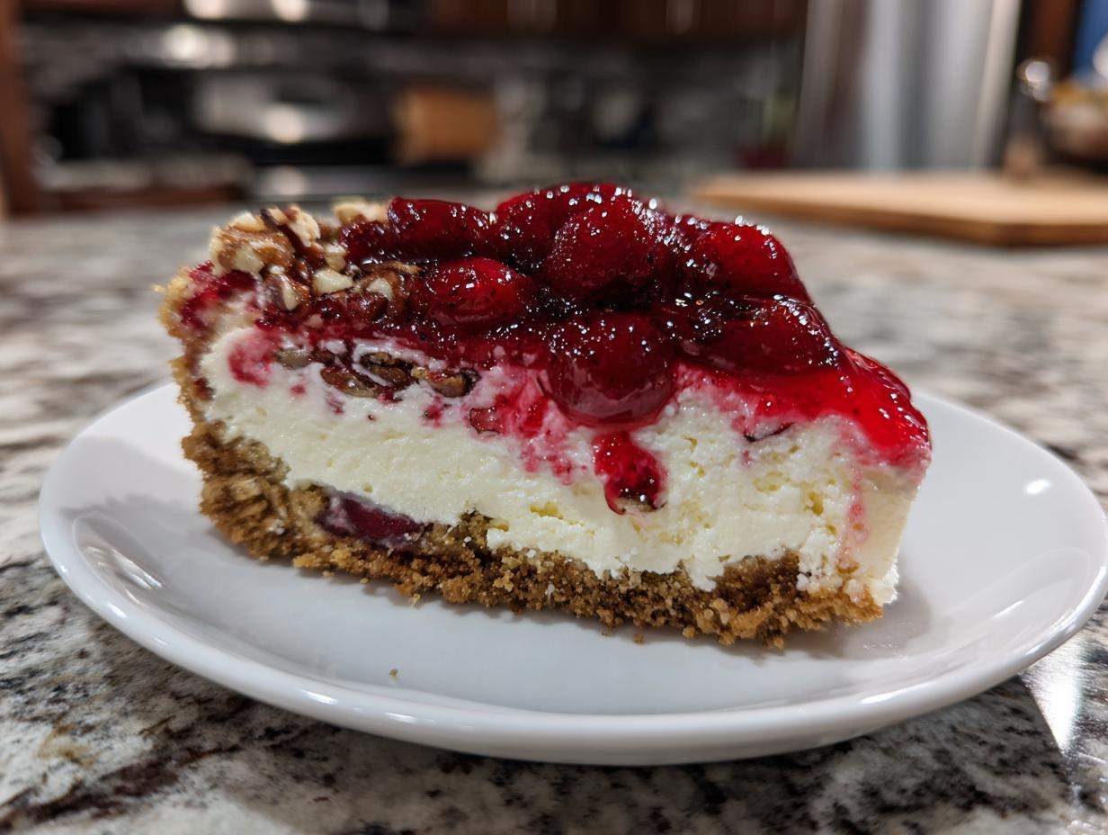 A slice of Cherry Pecan Cheesecake Lush on a white plate, topped with cherry compote and pecans.