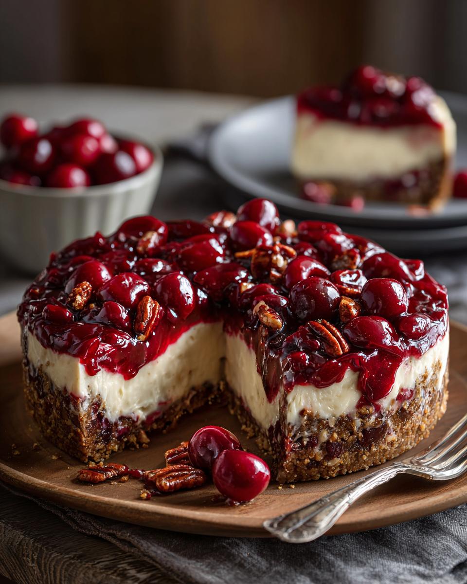 A slice of Cherry Pecan Cheesecake Lush showing the creamy filling, pecan crust, and cherry topping.
