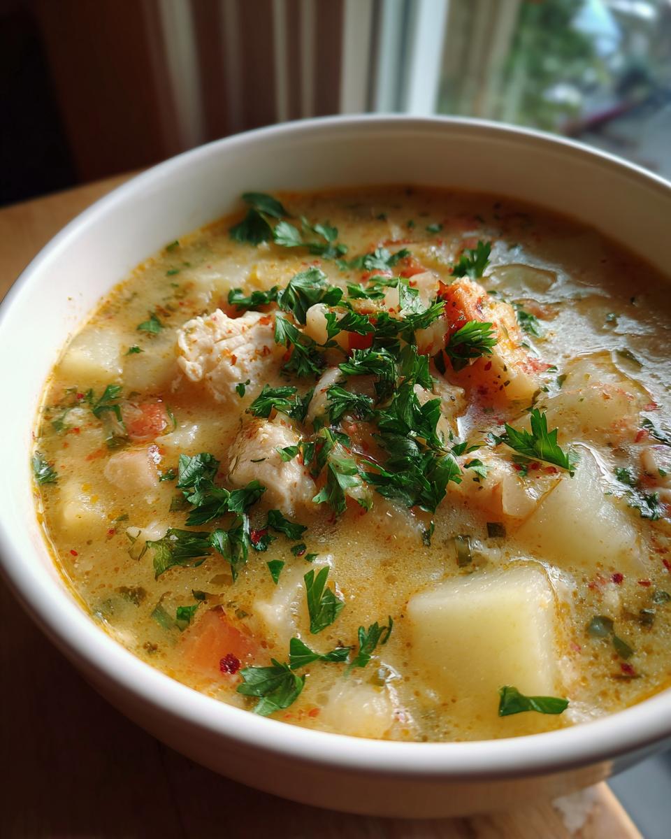 A close-up of a comforting bowl of chicken potato soup, garnished with fresh parsley.