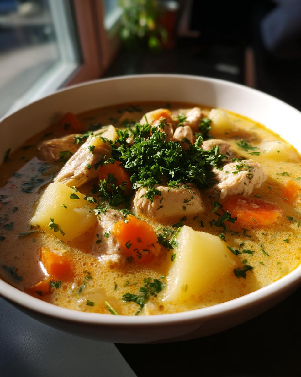 Close-up of a bowl of chicken potato soup, filled with tender chicken pieces, chunks of potato, carrots, and fresh parsley.