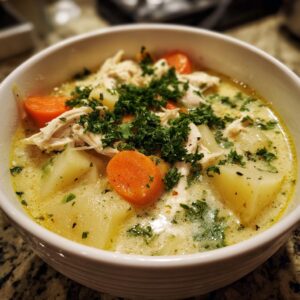 A close-up of a white bowl filled with creamy chicken potato soup, featuring shredded chicken, chunks of potato, and sliced carrots, garnished with fresh parsley.