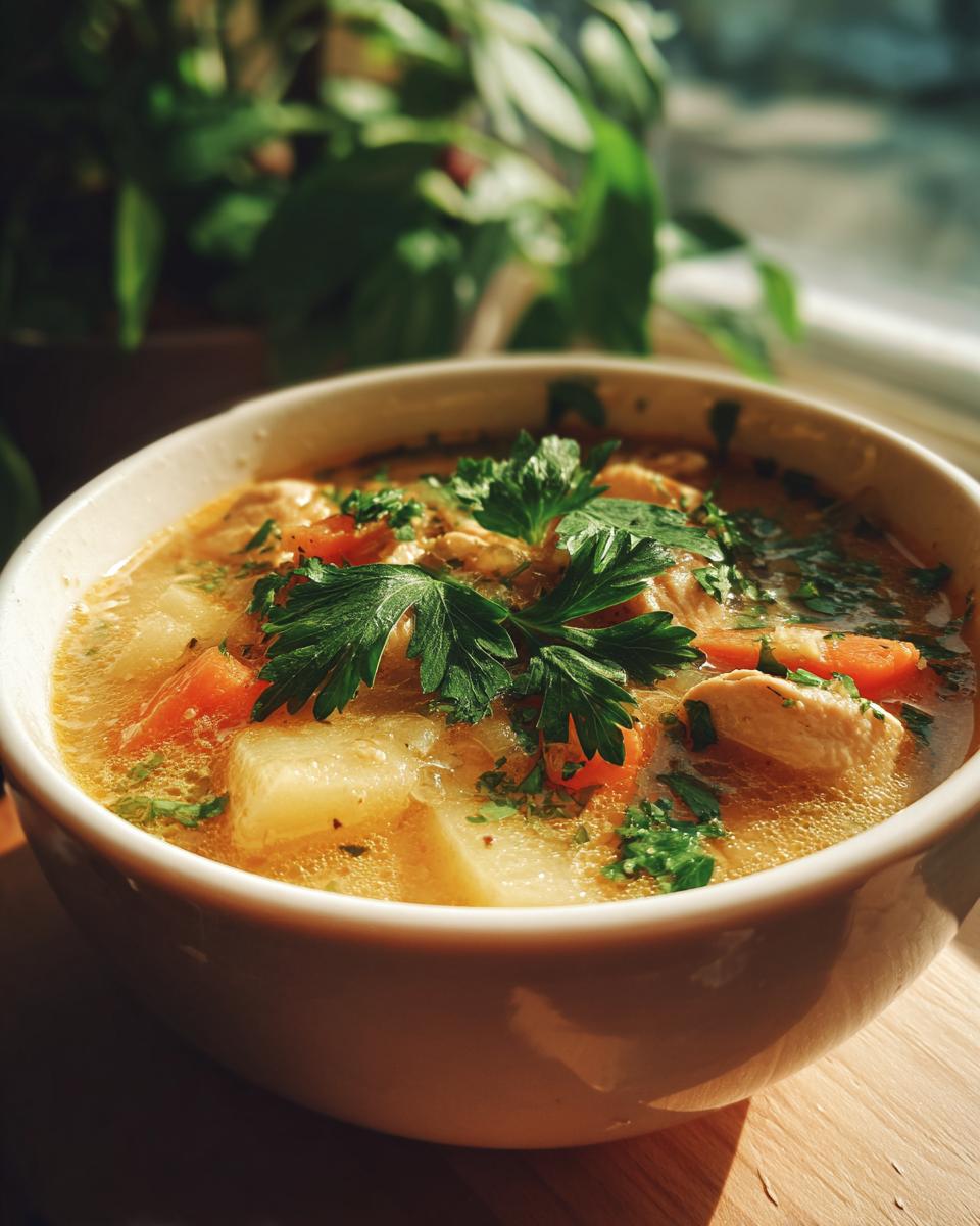 A close-up of a bowl of chicken potato soup, filled with tender chicken pieces, chunks of potato, carrots, and fresh parsley.