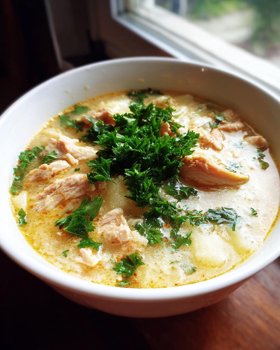 A close-up of a white bowl filled with creamy chicken potato soup, garnished with fresh parsley.