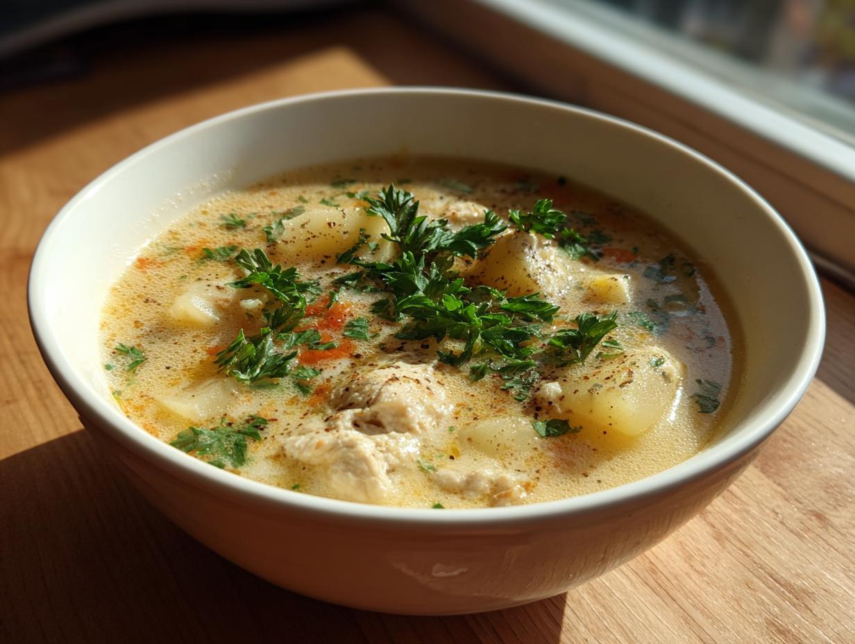 A close-up of a creamy chicken potato soup garnished with fresh parsley and cracked black pepper.