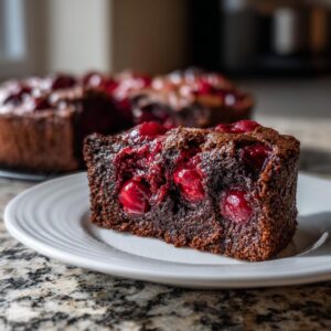 A delicious slice of chocolate cherry dump cake on a white plate, showing moist chocolate cake with whole cherries.