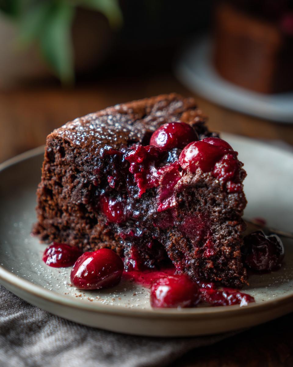 A rich slice of chocolate cherry dump cake, topped with whole cherries and cherry syrup, dusted with powdered sugar.
