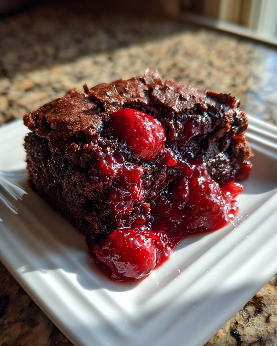 A decadent slice of chocolate cherry dump cake, with rich chocolate cake and gooey cherry filling.