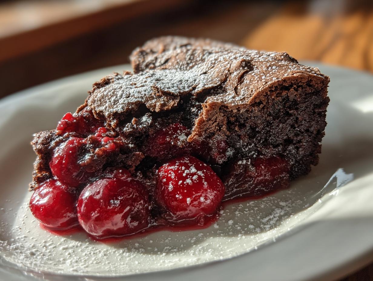 A slice of chocolate cherry dump cake topped with powdered sugar, showcasing moist chocolate cake and juicy cherries.