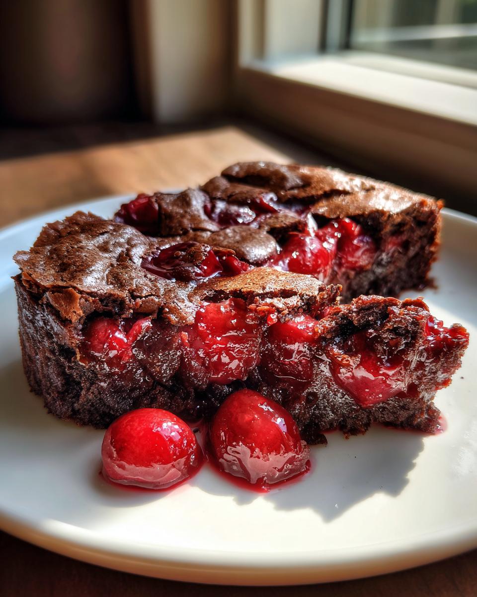 Close-up of two slices of chocolate cherry dump cake on a white plate, with whole cherries.