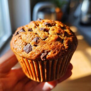 A hand holding a perfectly baked chocolate chip protein muffin with visible chocolate chips and a golden-brown top.