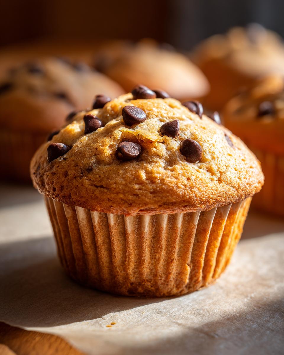 Close-up of a freshly baked chocolate chip protein muffin topped with chocolate chips.