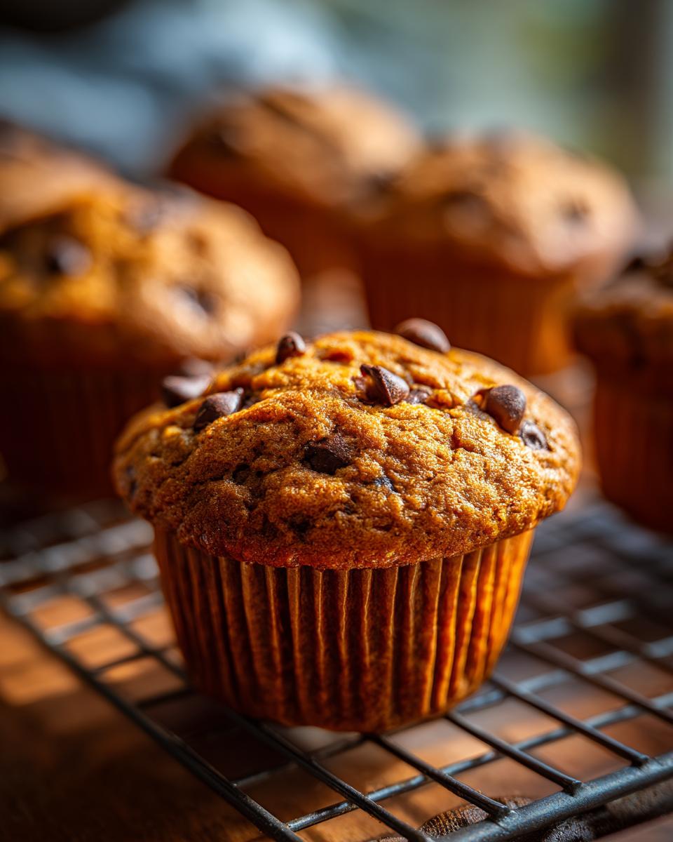 Close-up of a freshly baked chocolate chip protein muffin on a cooling rack, topped with chocolate chips.