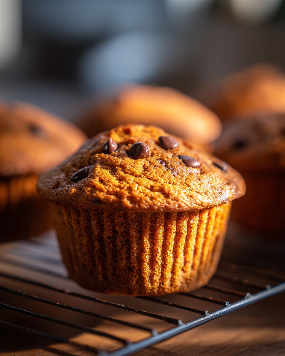Close-up of a freshly baked chocolate chip protein muffin with visible chocolate chips on top.