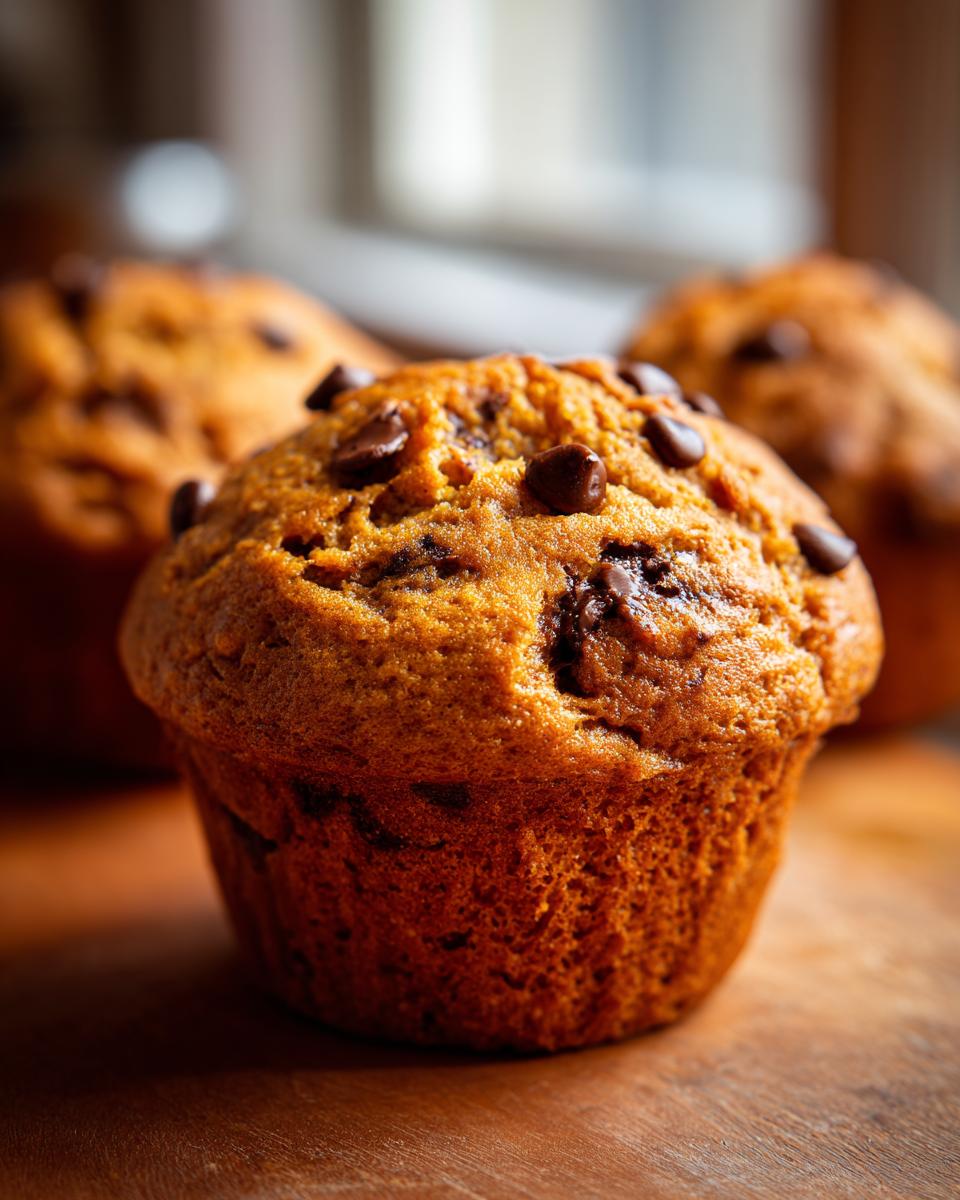 Close-up of a fluffy chocolate chip protein muffin with melted chocolate chips on top.