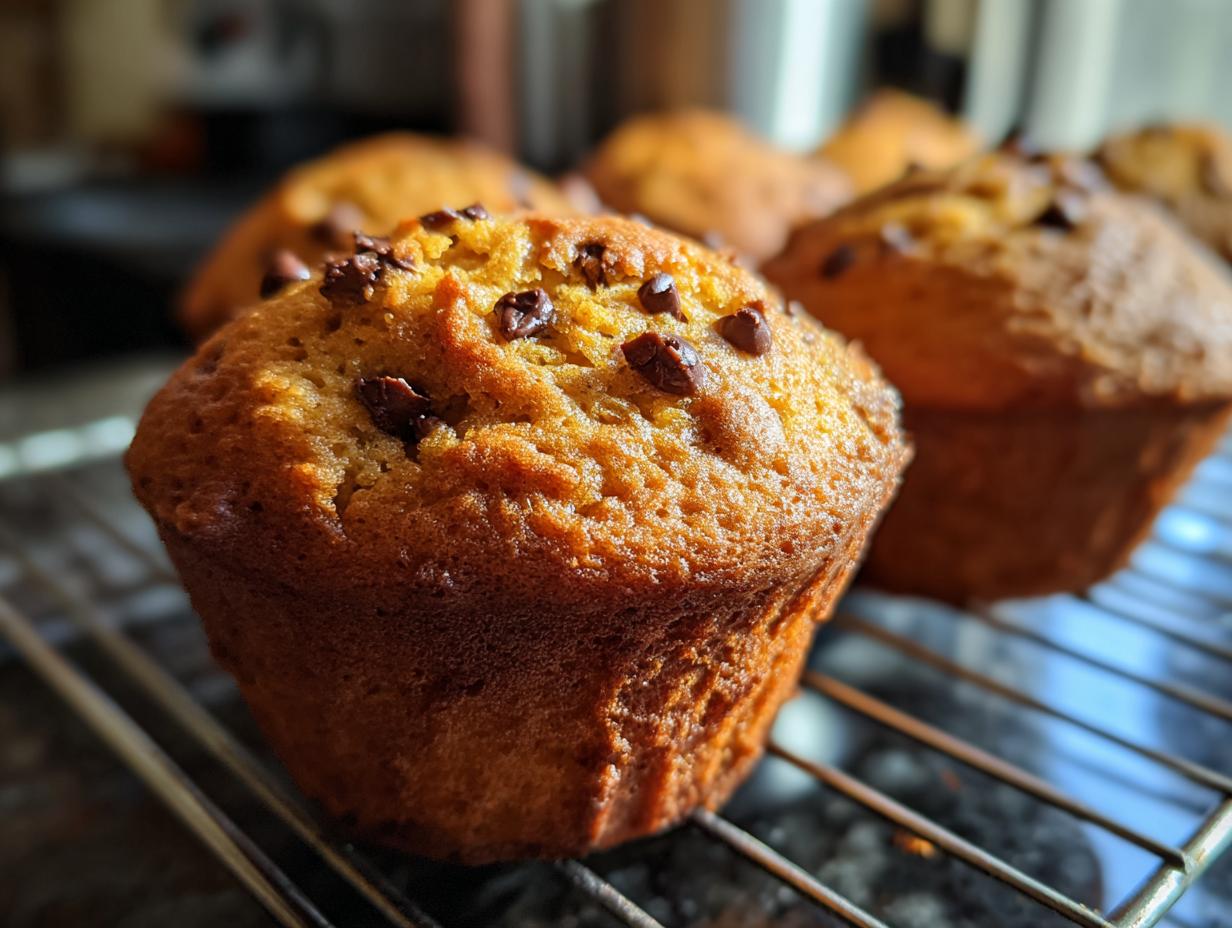 Close-up of golden brown chocolate chip protein muffins cooling on a wire rack.