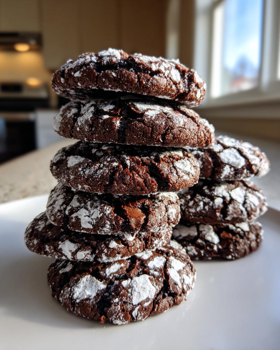 A tall stack of fudgy chocolate crinkle cookies dusted heavily with white powdered sugar.