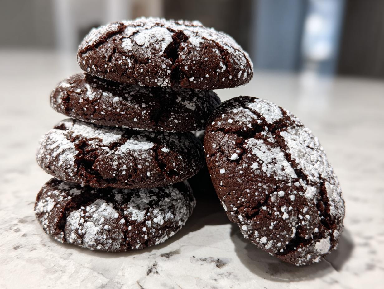 A stack of four rich, dark chocolate crinkle cookies dusted heavily with white powdered sugar.