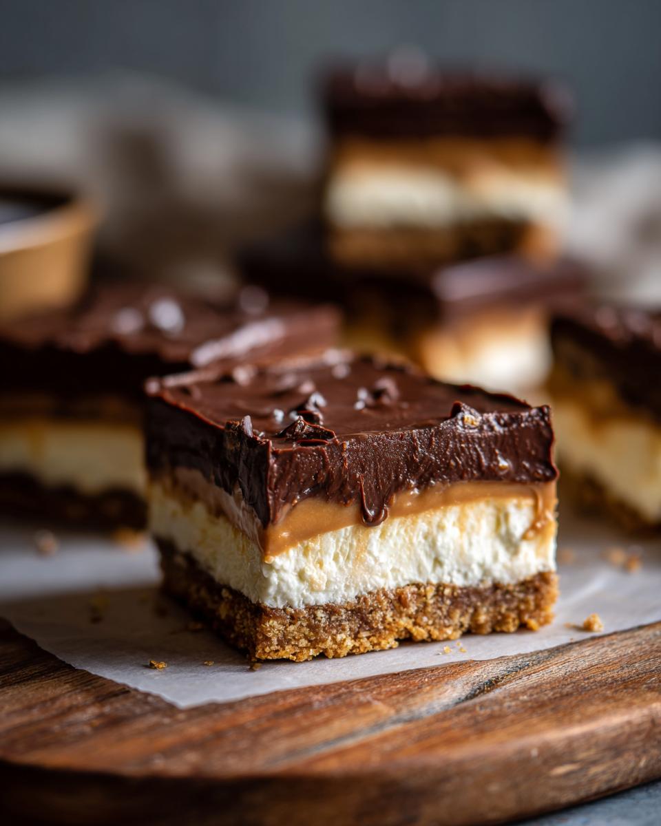 A close-up of a decadent Chocolate Dream Bar, showcasing its layers of cookie crust, creamy filling, caramel, and rich chocolate topping.