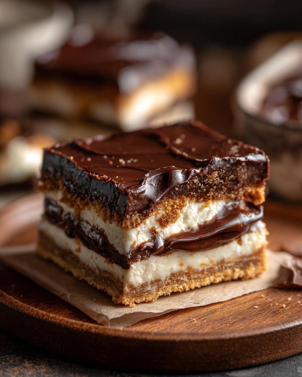 A close-up of a layered Chocolate Dream Bar with a rich chocolate ganache topping and creamy filling.