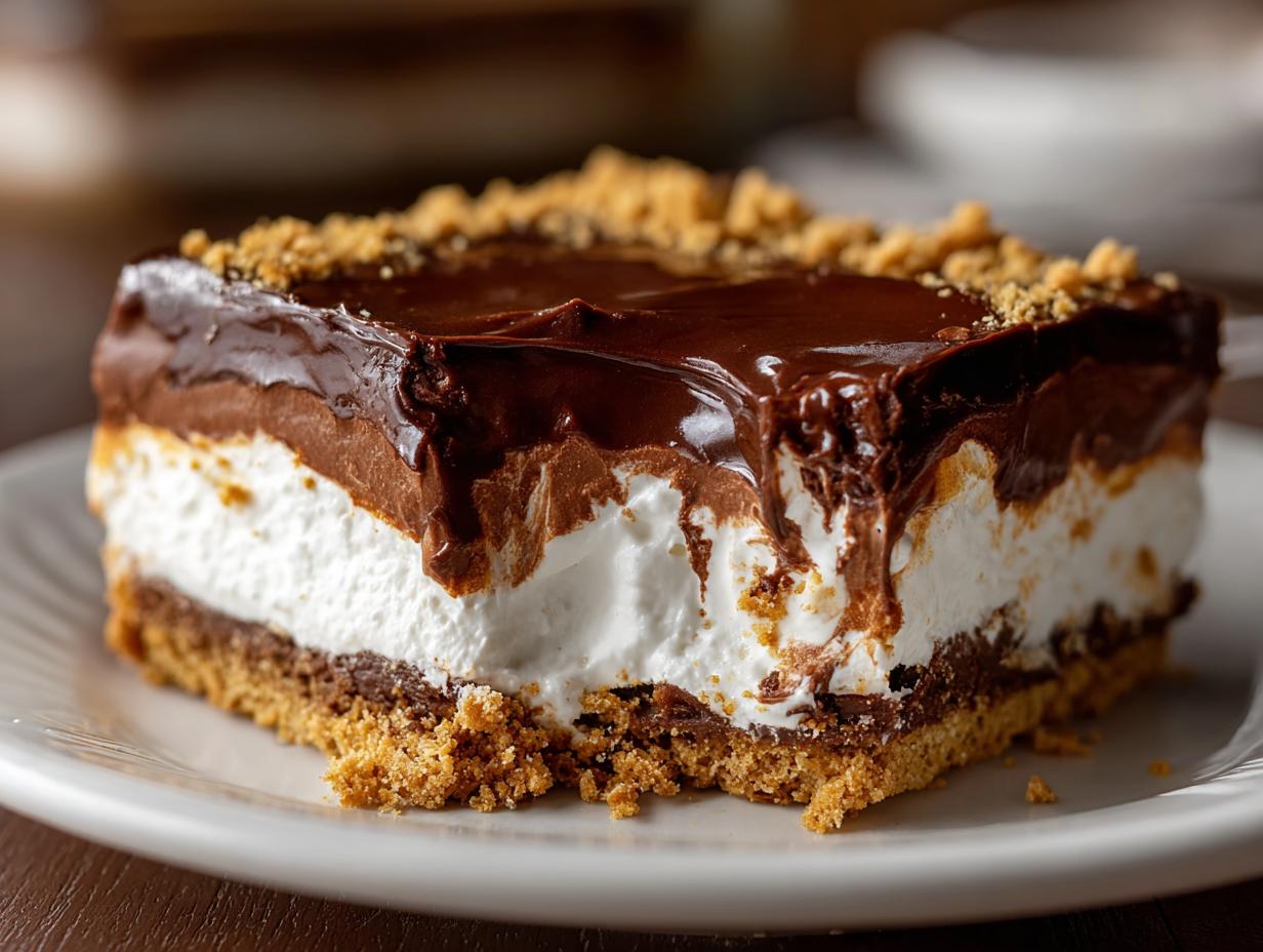 A close-up of a decadent slice of Chocolate Dream Bars, featuring layers of chocolate, cream, and graham cracker crust.