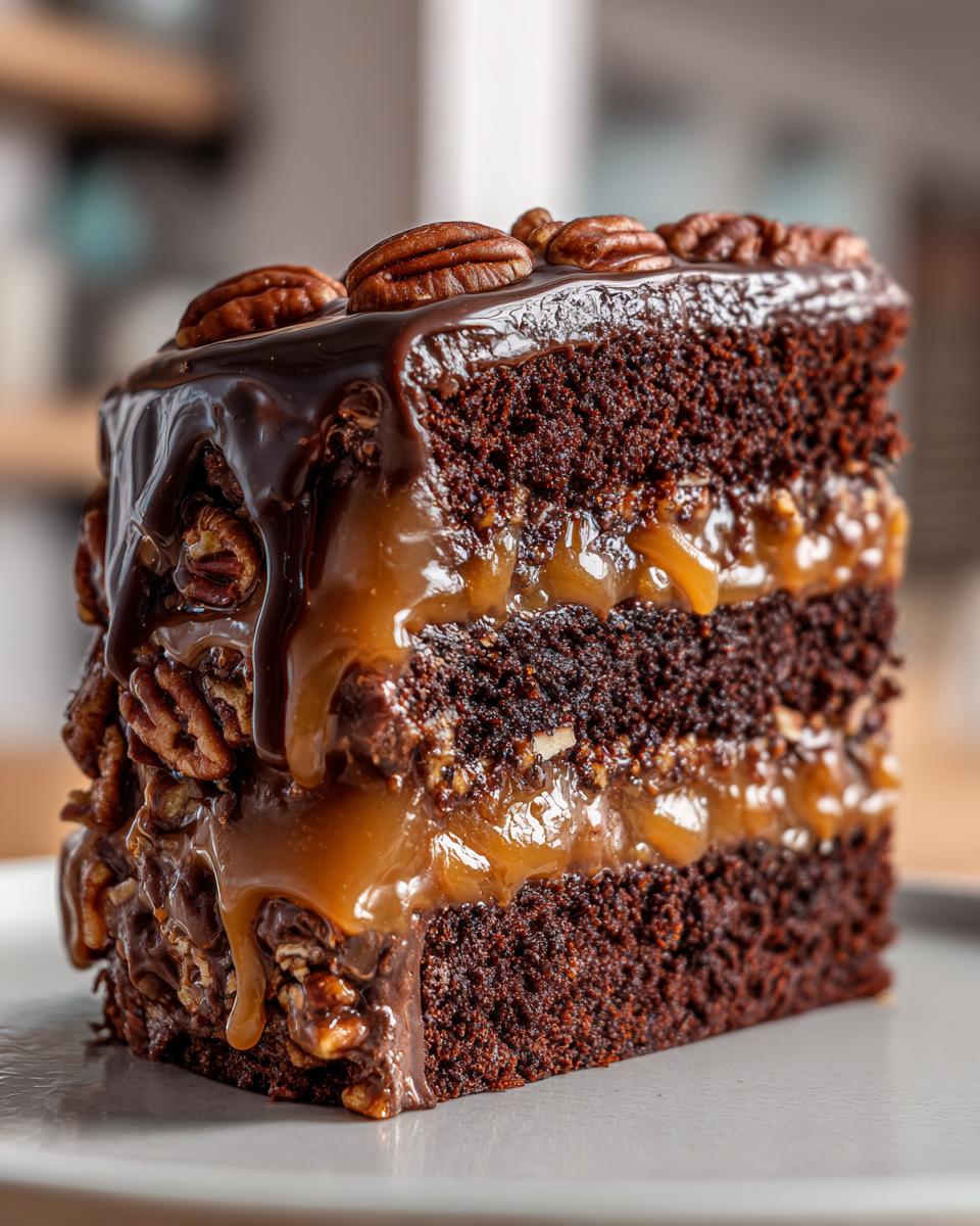 A rich slice of chocolate turtle cake with layers of chocolate cake, caramel, pecans, and chocolate ganache.