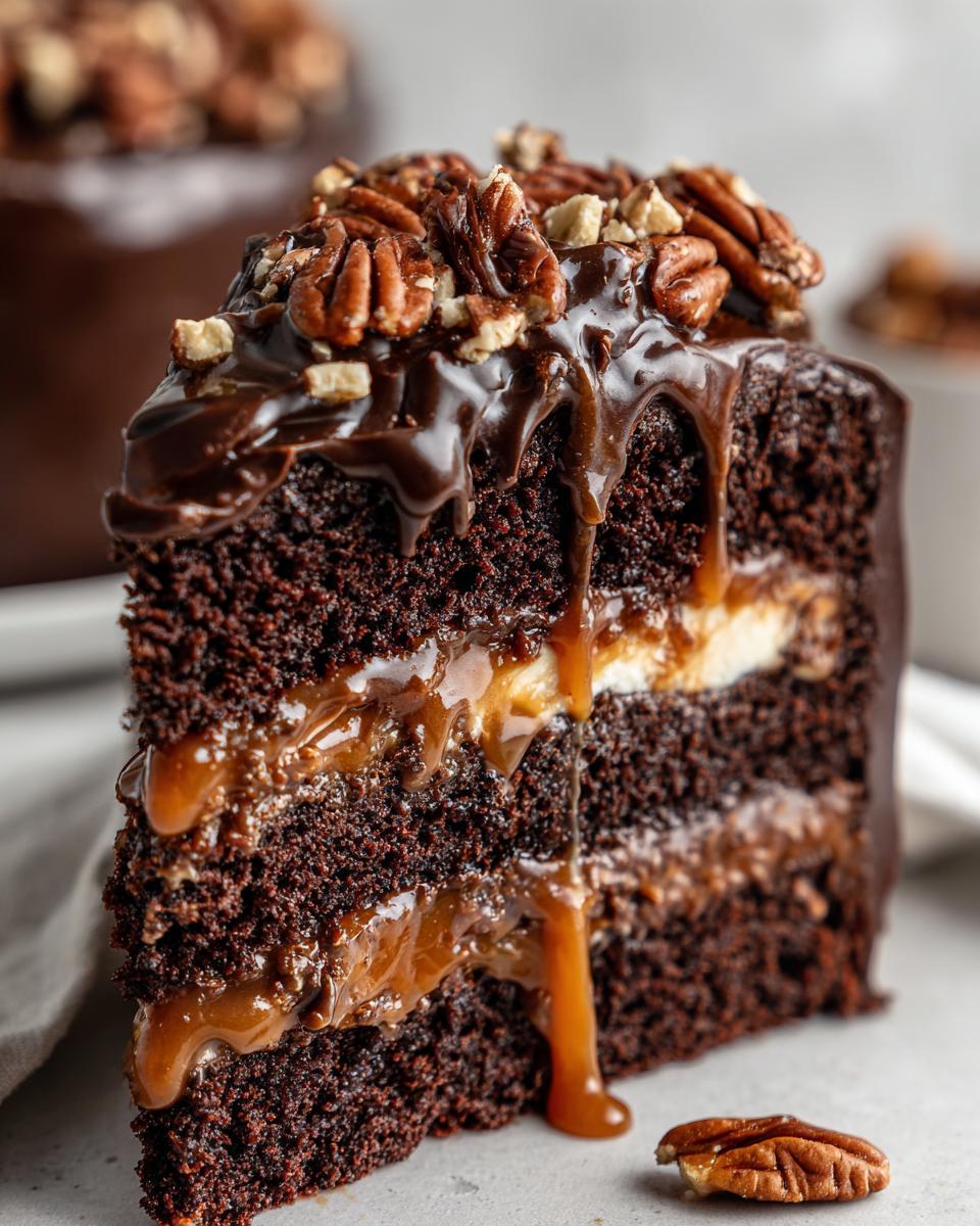 A decadent slice of chocolate turtle cake, layered with caramel and topped with pecans and chocolate ganache.