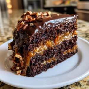 A rich slice of chocolate turtle cake with gooey caramel, chocolate ganache, and pecans.