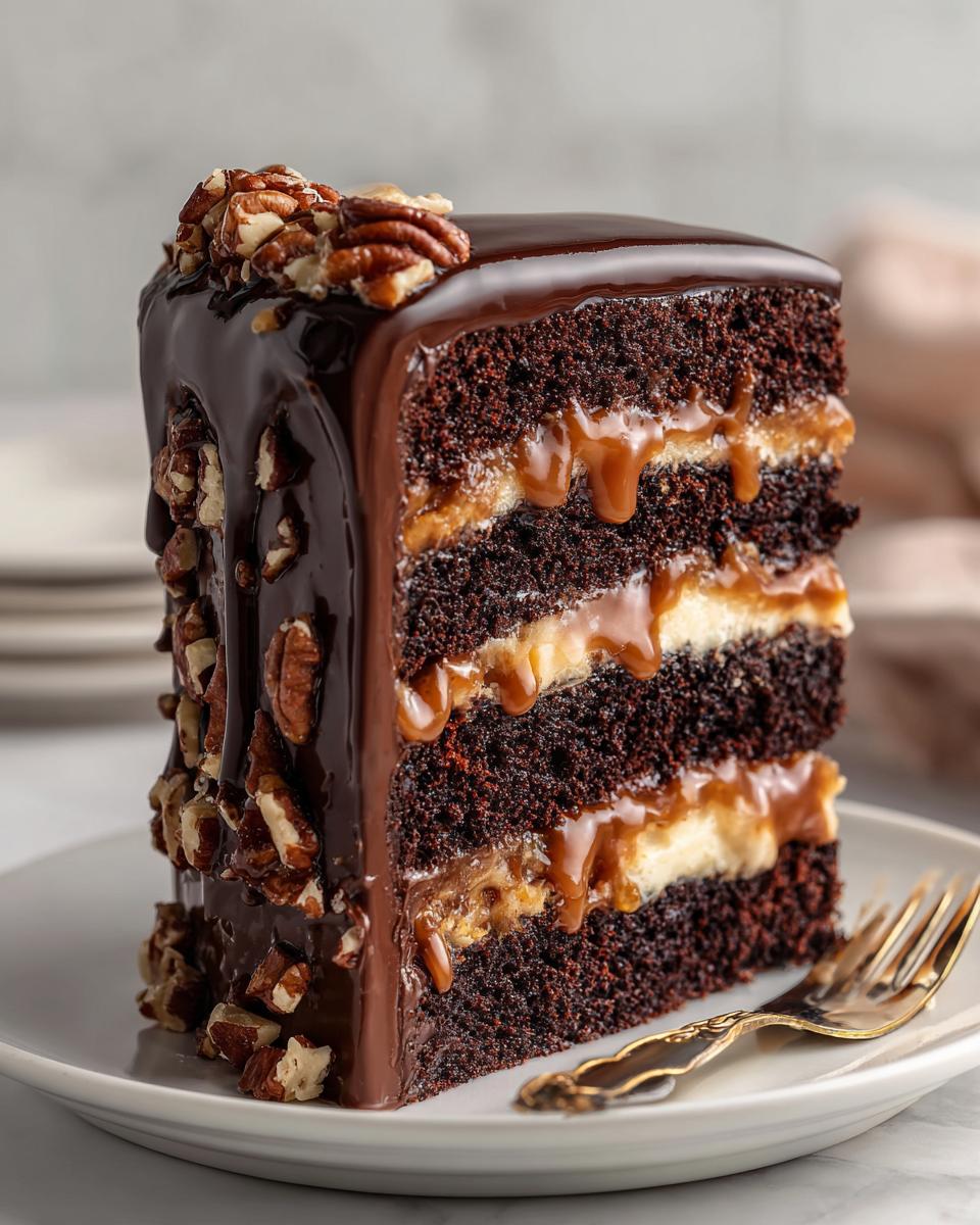 A rich slice of chocolate turtle cake with layers of chocolate cake, caramel, and cream, topped with chocolate ganache and pecans.